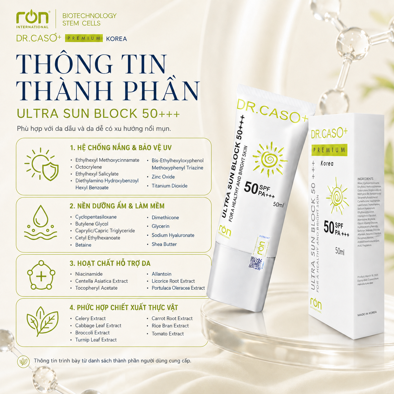 Dr.Caso+ Premium Ultra sun block SPF 50+ PA+++50ml/Kem chống nắng SPF 50+ Pa+++